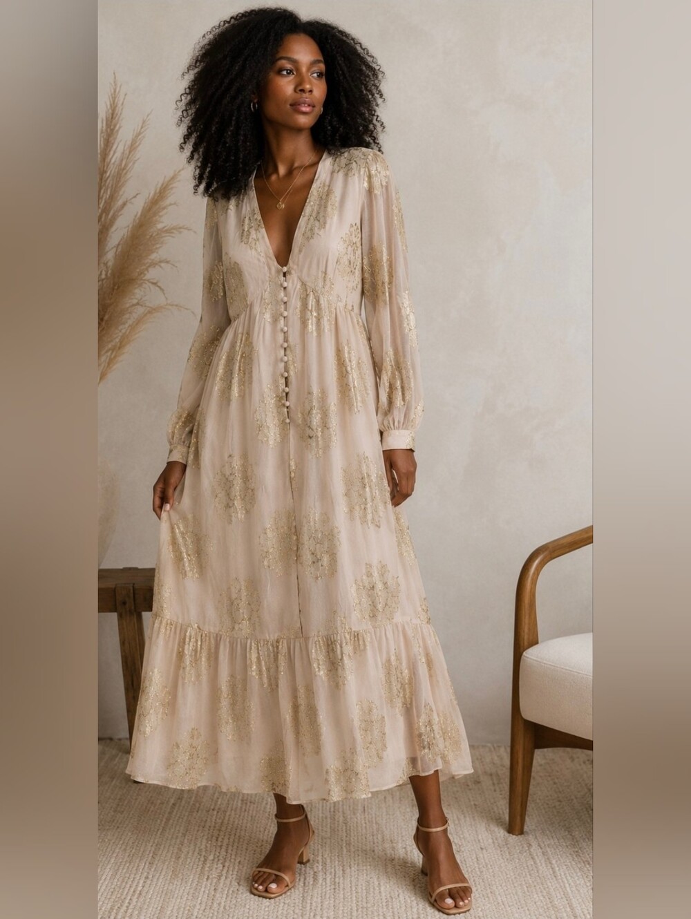 ASOS Cream Metallic Gold Burnout Floral Tea Maxi Boho Coquette Dress Size 12